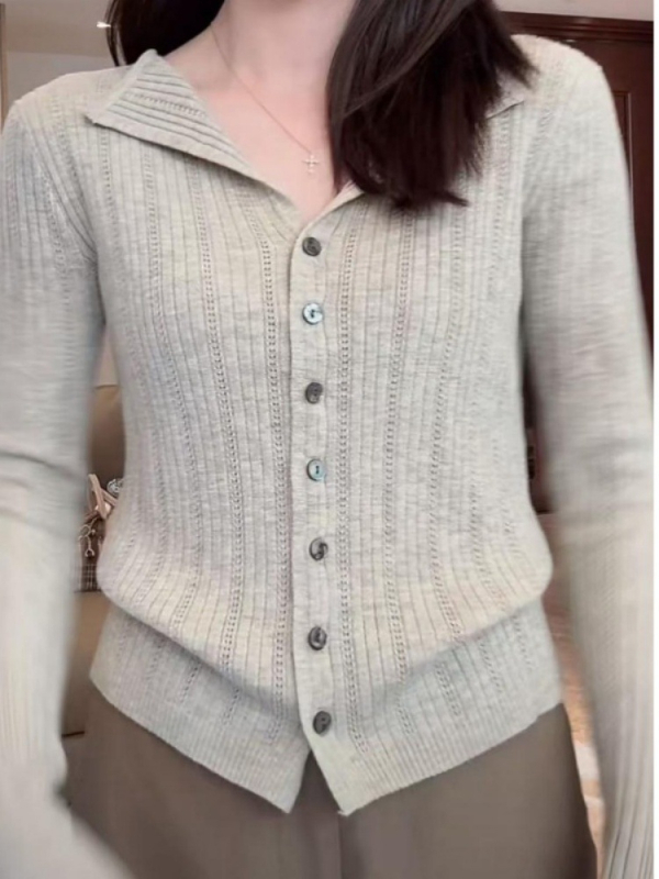 Koreai stílusú női kötött kardigán kapucnival, karcsú fazon, hosszú ujjú, polo gallér, poliészter kötött anyag