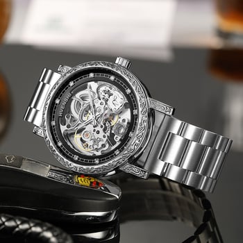 Kétszintes skeletált automata mechanikus óra, rozsdamentes acél tokkal és karkötővel, 30 m vízállóság, spirálisan korona, átlátszó hátlappal