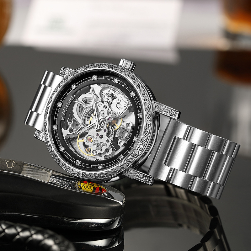 Kétszintes skeletált automata mechanikus óra, rozsdamentes acél tokkal és karkötővel, 30 m vízállóság, spirálisan korona, átlátszó hátlappal