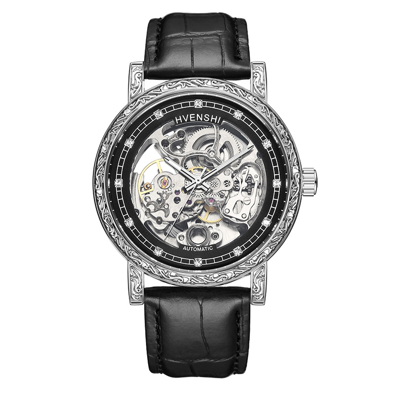 Kétszintes skeletált automata mechanikus óra, rozsdamentes acél tokkal és karkötővel, 30 m vízállóság, spirálisan korona, átlátszó hátlappal