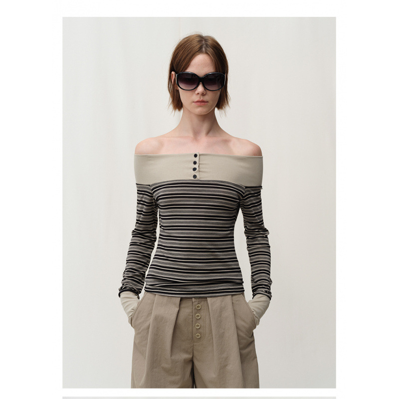 Póló egy vállon, hosszú ujjú, szűk szabás, 95% pamut, kötött