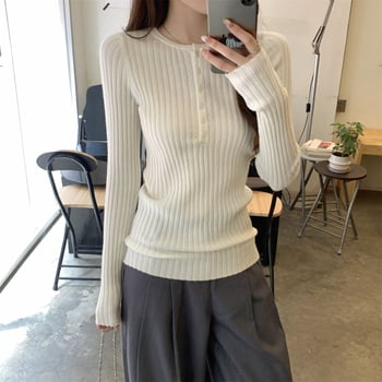 Kötött pulóver, slim-fit, fél-nyitott gallér, hosszú ujjú, poliészter, gyapjú kötés, japán-koreai casual stílus, őszi-téli szezon 2025