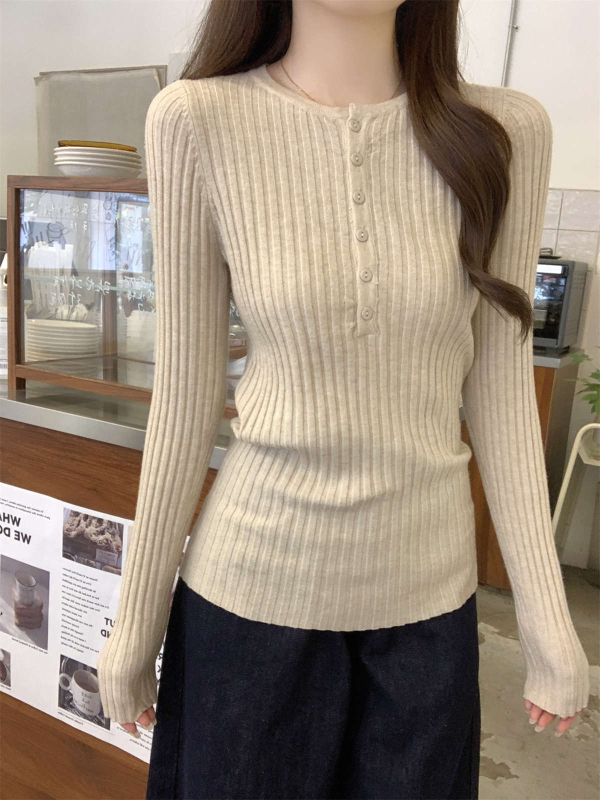 Kötött pulóver, slim-fit, fél-nyitott gallér, hosszú ujjú, poliészter, gyapjú kötés, japán-koreai casual stílus, őszi-téli szezon 2025