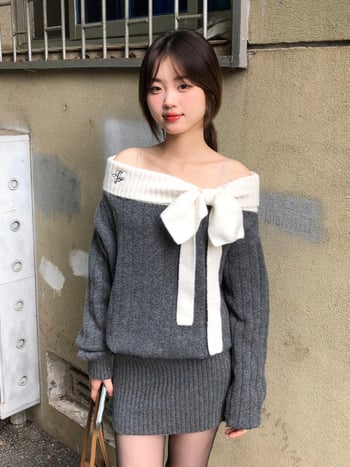 Női egyvállas kötött pulóver masnival, koreai stílus, karcsú szabású, őszi 2025