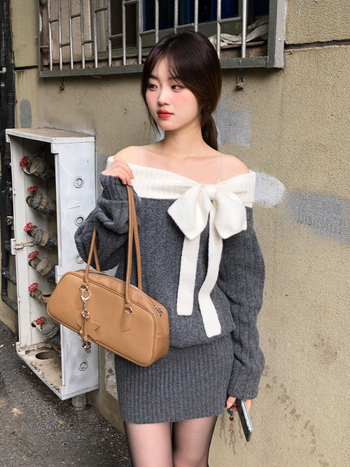 Női egyvállas kötött pulóver masnival, koreai stílus, karcsú szabású, őszi 2025