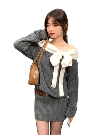 Női egyvállas kötött pulóver masnival, koreai stílus, karcsú szabású, őszi 2025