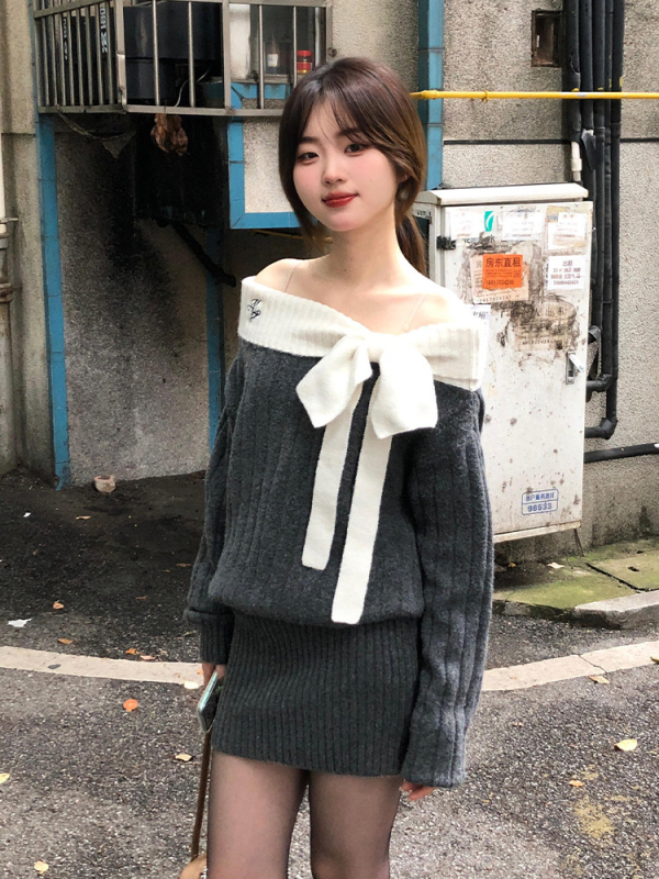 Női egyvállas kötött pulóver masnival, koreai stílus, karcsú szabású, őszi 2025