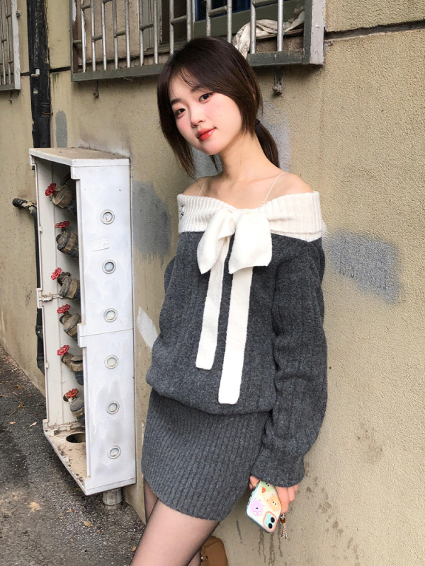 Női egyvállas kötött pulóver masnival, koreai stílus, karcsú szabású, őszi 2025