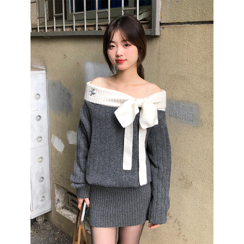 Női egyvállas kötött pulóver masnival, koreai stílus, karcsú szabású, őszi 2025