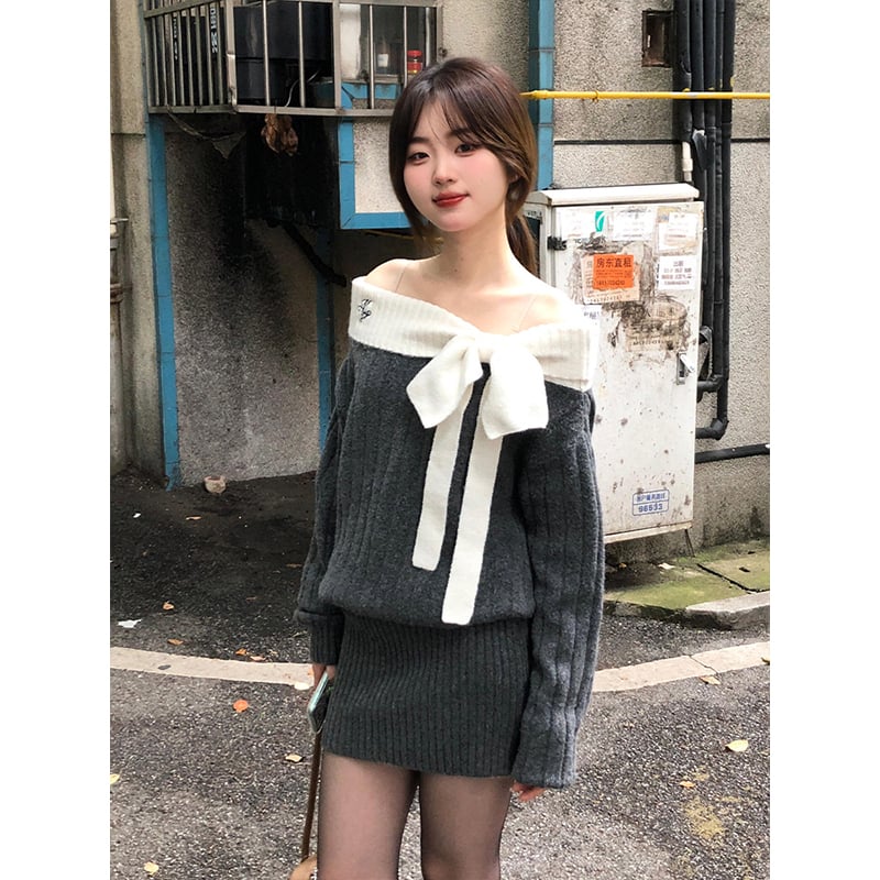 Női egyvállas kötött pulóver masnival, koreai stílus, karcsú szabású, őszi 2025