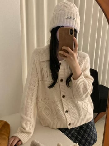 Koreai stílusú V-nyakú kötött kardigán, laza szabás, hosszú ujjú, spandexes kötés