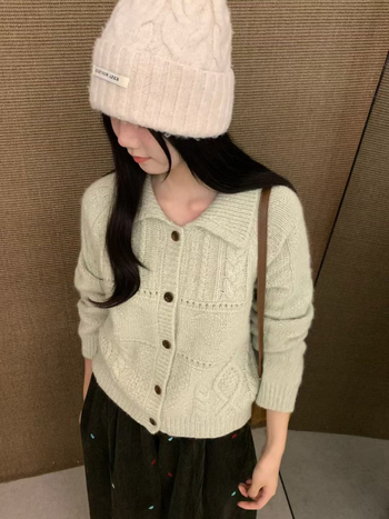 Koreai stílusú V-nyakú kötött kardigán, laza szabás, hosszú ujjú, spandexes kötés