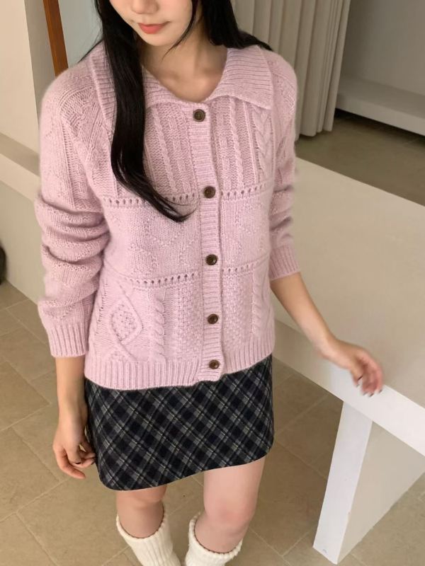 Koreai stílusú V-nyakú kötött kardigán, laza szabás, hosszú ujjú, spandexes kötés