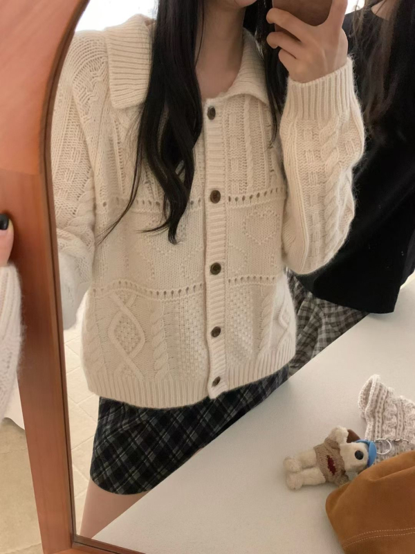 Koreai stílusú V-nyakú kötött kardigán, laza szabás, hosszú ujjú, spandexes kötés