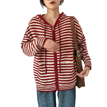 Kapucnis cipzáros csíkos kötött kardigán, poliészterből készült, hosszú ujjú