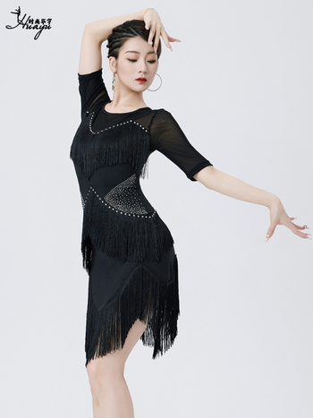 Fashion Huayu латински танц рокля за жени – рокля за изпълнение с ресни, Milk Silk + мрежа, полиестер, лято 2025