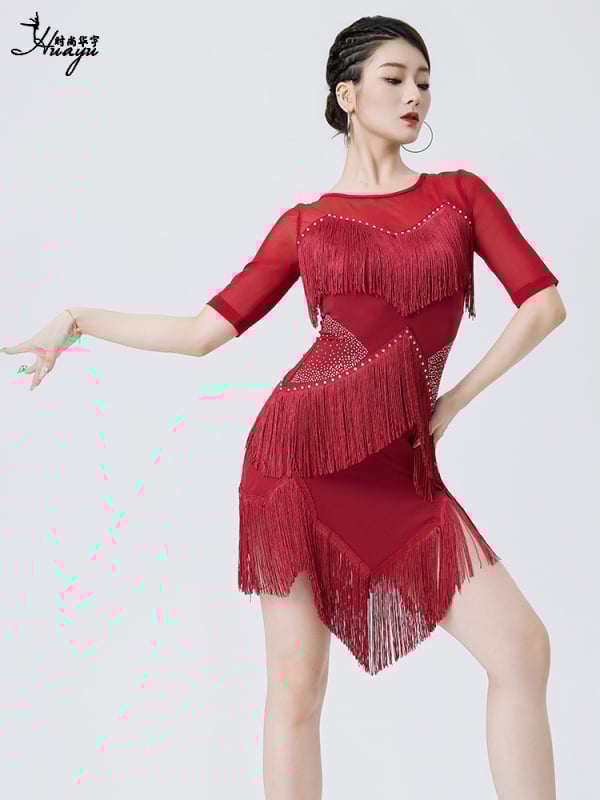 Huayu γυναικείο φόρεμα λατινικού χορού – φόρεμα παράστασης με φούντες, Milk Silk + Δίκτυο, Πολυεστέρας, Καλοκαίρι 2025