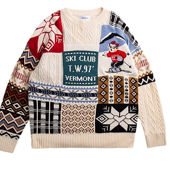 Ženska široka pletena jakna s kapuljačom, debela tkanina, poliester-spandeks, karikatura uzorak, okrugli izrez, dugi rukavi