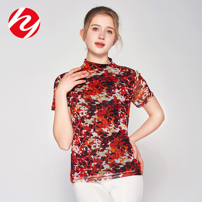 Ženski kratki T-shirt od mulberry svile s printom i poluvisokim ovratnikom, digitalno tiskanje