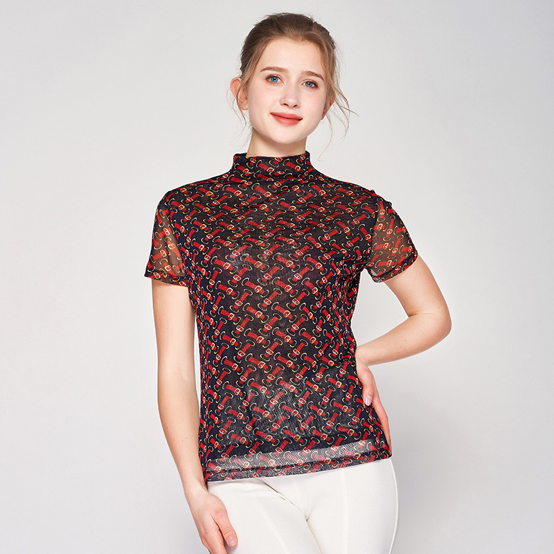 Ženski kratki T-shirt od mulberry svile s printom i poluvisokim ovratnikom, digitalno tiskanje