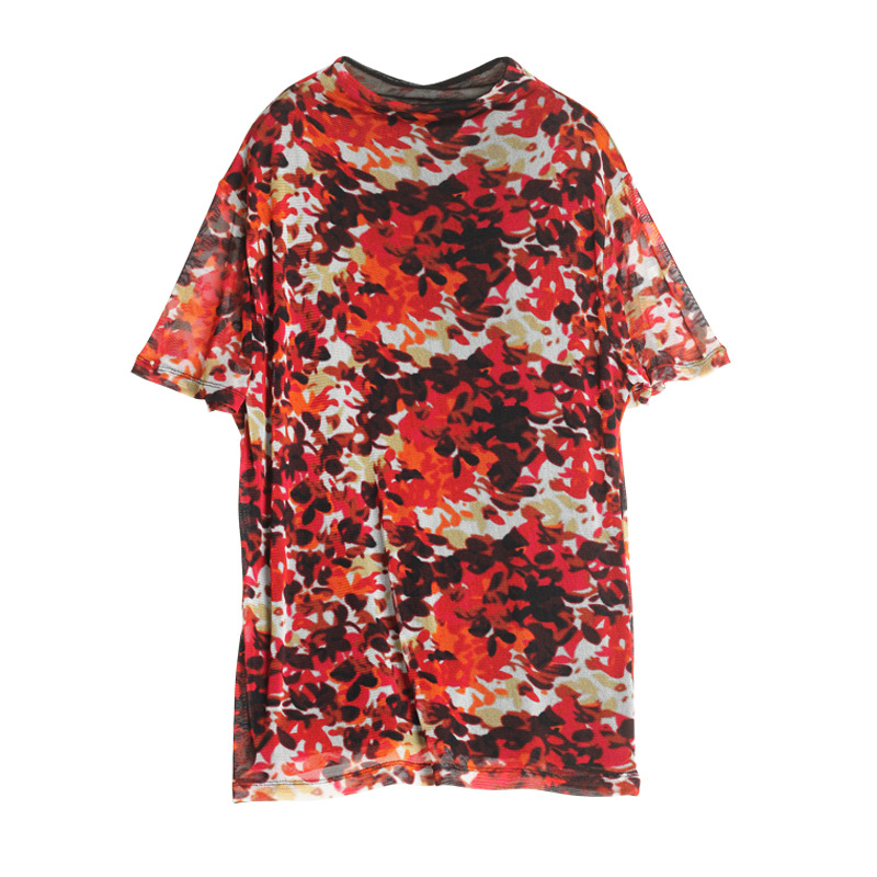 Ženski kratki T-shirt od mulberry svile s printom i poluvisokim ovratnikom, digitalno tiskanje