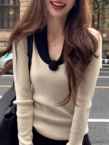 Juhgyapjú pulóver, V-nyakú, hosszú ujjú, egyszínű kötött, laza japán-koreai stílus