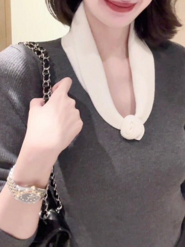 Juhgyapjú pulóver, V-nyakú, hosszú ujjú, egyszínű kötött, laza japán-koreai stílus