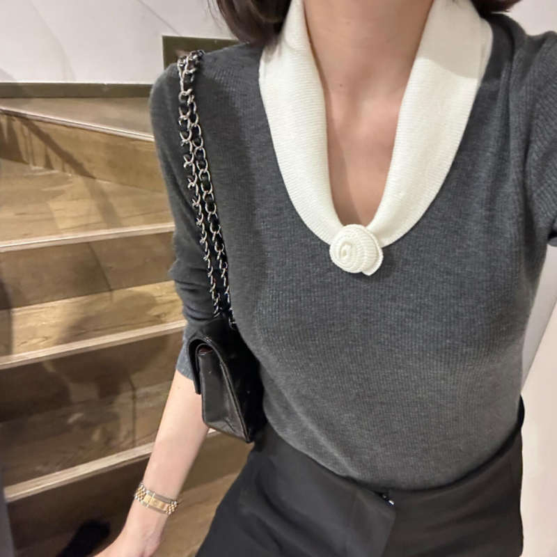 Juhgyapjú pulóver, V-nyakú, hosszú ujjú, egyszínű kötött, laza japán-koreai stílus