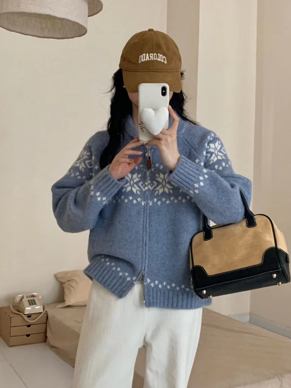 Kardigán pulóver Jacquard rombusz mintával, koreai casual stílus, közepes vastagság, cipzáros záródás, anyag: poliészter/nylon/spandex