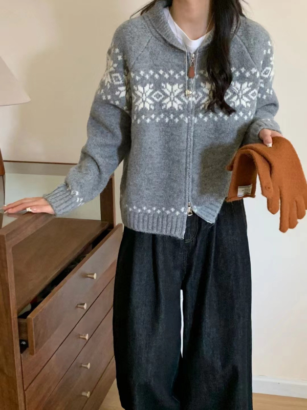 Kardigán pulóver Jacquard rombusz mintával, koreai casual stílus, közepes vastagság, cipzáros záródás, anyag: poliészter/nylon/spandex