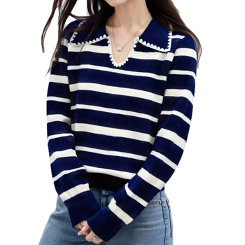 Csíkos kötött pulóver kerek nyakkal, hosszú ujjú, poliészter-akril keverék, őszi-téli kollekció.