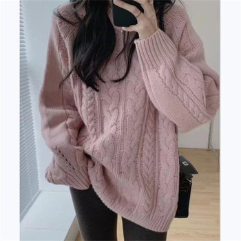 Koreai laza stílusú pulóver, poliészter–spandex kötött anyag, kerek nyak, hosszú ujjak, 2025 ősz