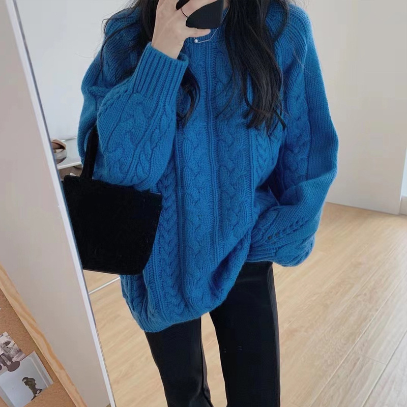 Koreai laza stílusú pulóver, poliészter–spandex kötött anyag, kerek nyak, hosszú ujjak, 2025 ősz