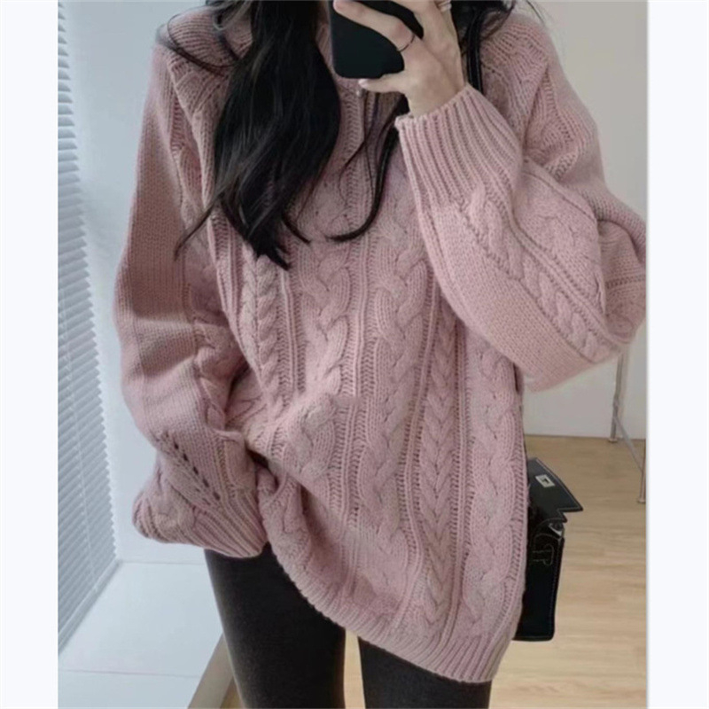 Koreai laza stílusú pulóver, poliészter–spandex kötött anyag, kerek nyak, hosszú ujjak, 2025 ősz