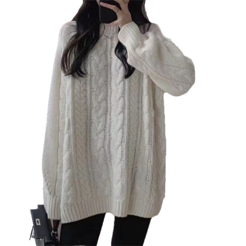 Koreai laza stílusú pulóver, poliészter–spandex kötött anyag, kerek nyak, hosszú ujjak, 2025 ősz