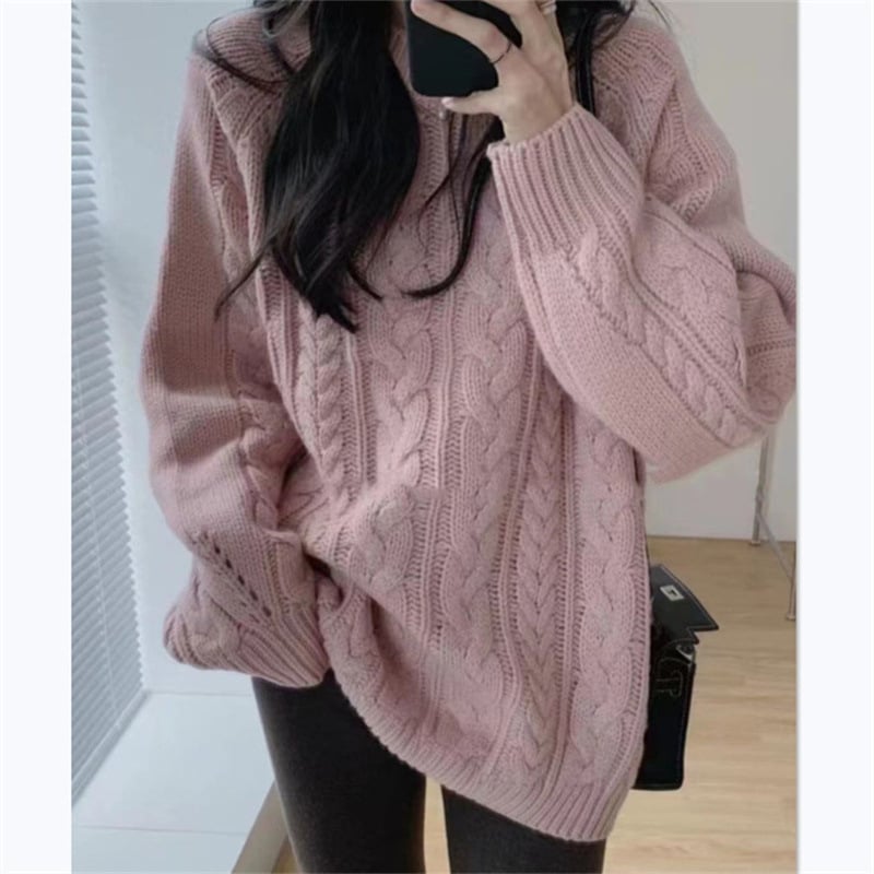 Koreai laza stílusú pulóver, poliészter–spandex kötött anyag, kerek nyak, hosszú ujjak, 2025 ősz