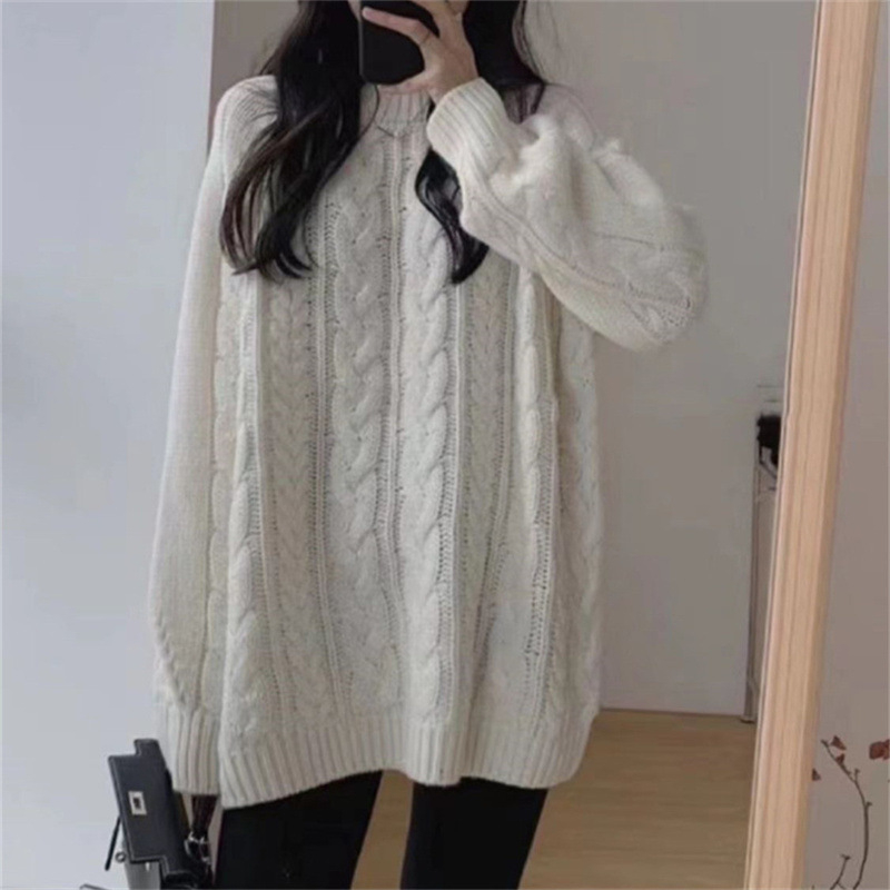 Koreai laza stílusú pulóver, poliészter–spandex kötött anyag, kerek nyak, hosszú ujjak, 2025 ősz