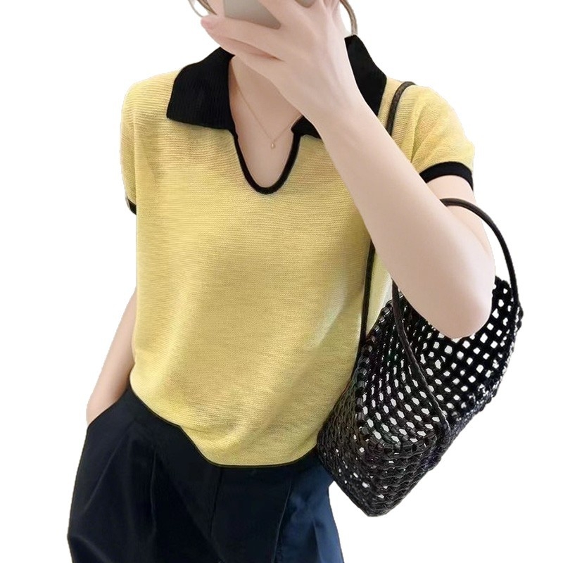 Tencel pleteni top s blok dizajnom, kratki rukavi, U-oblik ovratnik, slobodan kroj, kolža detalji