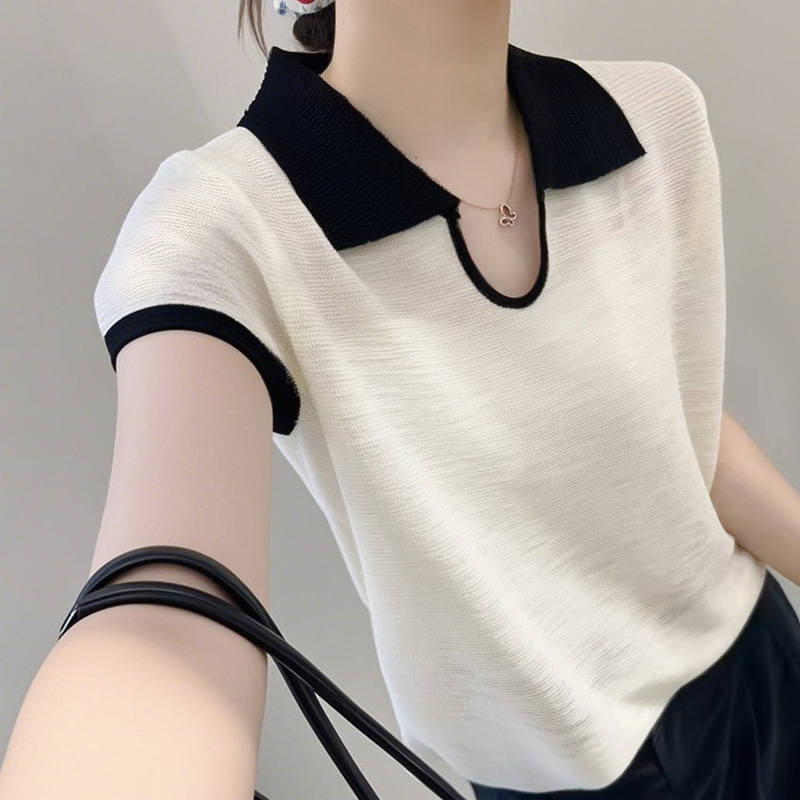 Tencel pleteni top s blok dizajnom, kratki rukavi, U-oblik ovratnik, slobodan kroj, kolža detalji