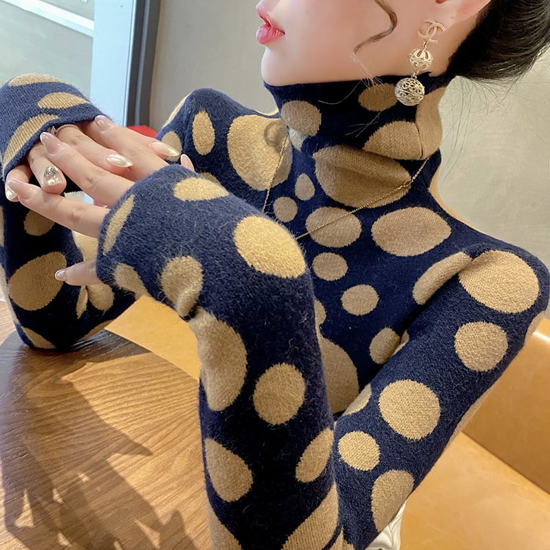 Ženski pleteni pulover s visokim ovratnikom, poliester, dugi rukavi, uski kroj, jesen 2025