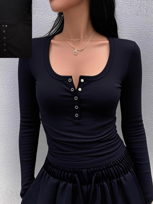 Ženski slim-fit dugi rukavi T-shirt s V-izrezom, poliester s elastanom, osnovni sloj, proljeće 2025