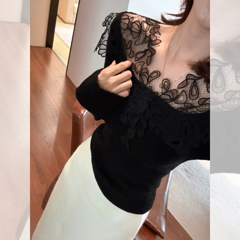 Francia-stílusú kötött alap felső nőknek csipkézett panellel, tél 2025, PVC ≤30% és triacetát ≤30%, nőies, irodalmi retro stílus, kötött kivitel, gallércímkével