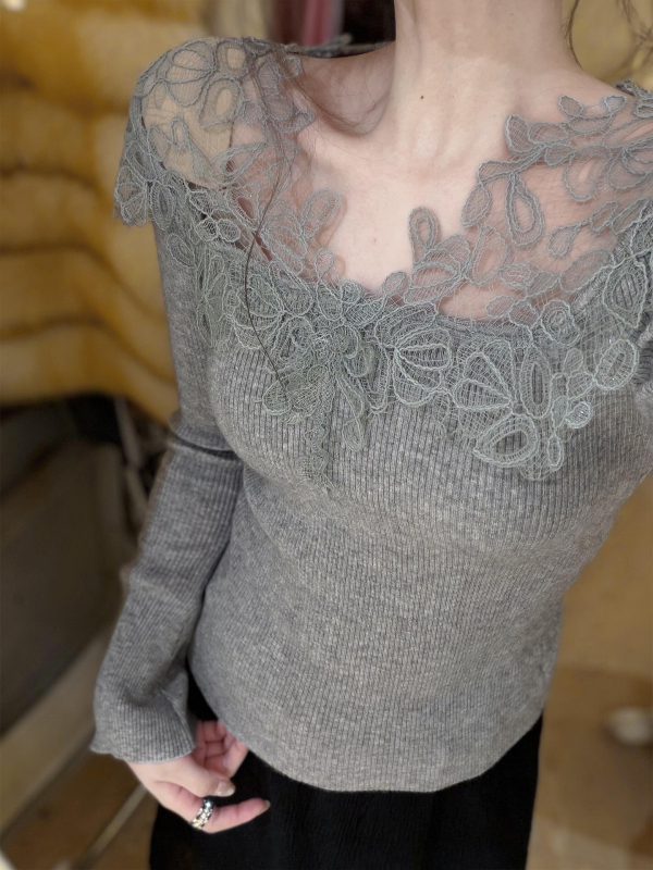 Francia stílusú csipke patchwork kötött felső nőknek, belső réteg, téli 2025, PVC ≤30%, triacetát ≤30%