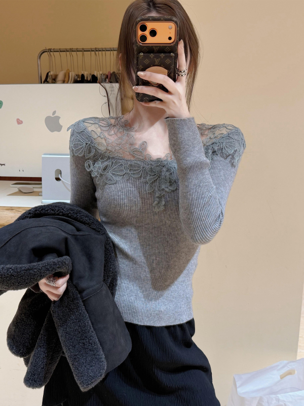 Francia stílusú csipke patchwork kötött felső nőknek, belső réteg, téli 2025, PVC ≤30%, triacetát ≤30%