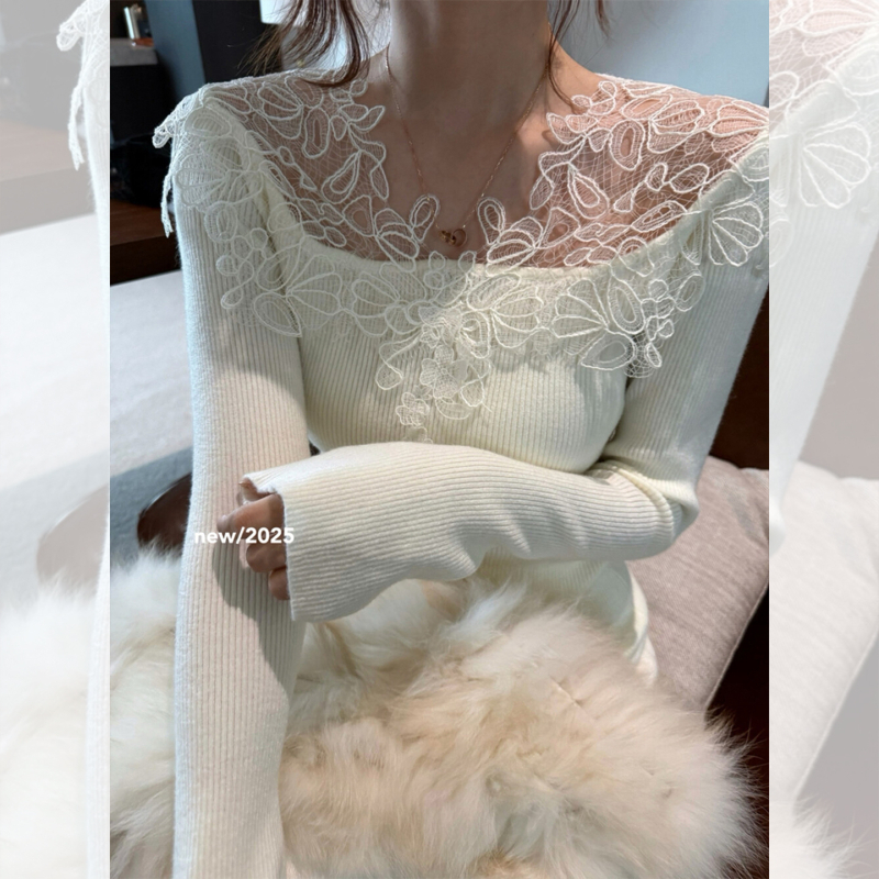 Francia stílusú csipke patchwork kötött felső nőknek, belső réteg, téli 2025, PVC ≤30%, triacetát ≤30%