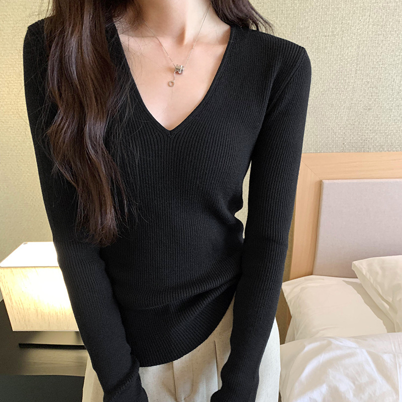 Ženski pleteni top s V-izrezom, jednobojna boja, dugi rukavi, poliestersko vlakno, elegantan gradski stil, jesen 2024