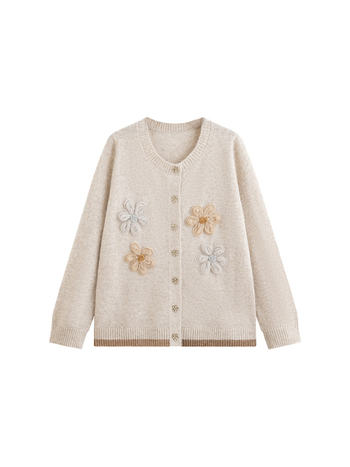 Naistele mõeldud heegeldatud kampsun-kardigan lillemotiiviga, polüestri kiud, pikad varrukad