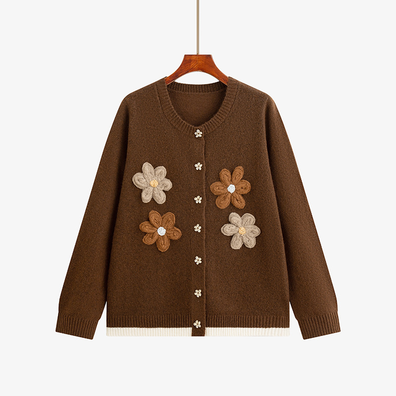 Naistele mõeldud heegeldatud kampsun-kardigan lillemotiiviga, polüestri kiud, pikad varrukad