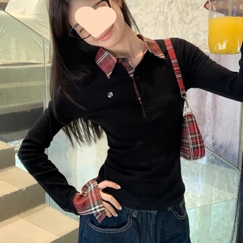 Oversize pleteni top s kariranim uzorkom i polo ovratnikom, dugi rukavi, poliester tkanina