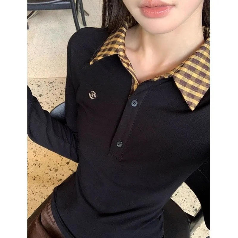Oversize pleteni top s kariranim uzorkom i polo ovratnikom, dugi rukavi, poliester tkanina
